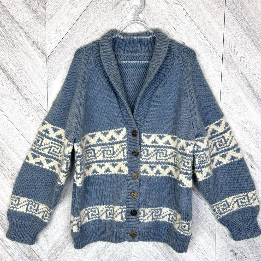 VTG Shawl Collar Cardigan Knit Sweater Blue Metal Buttons Mens Large Dad Grandpa